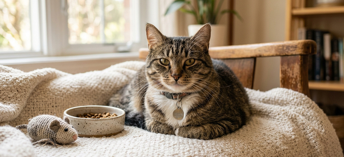 Gato deitado em manta ao lado de ração e brinquedo, em ambiente confortável e acolhedor