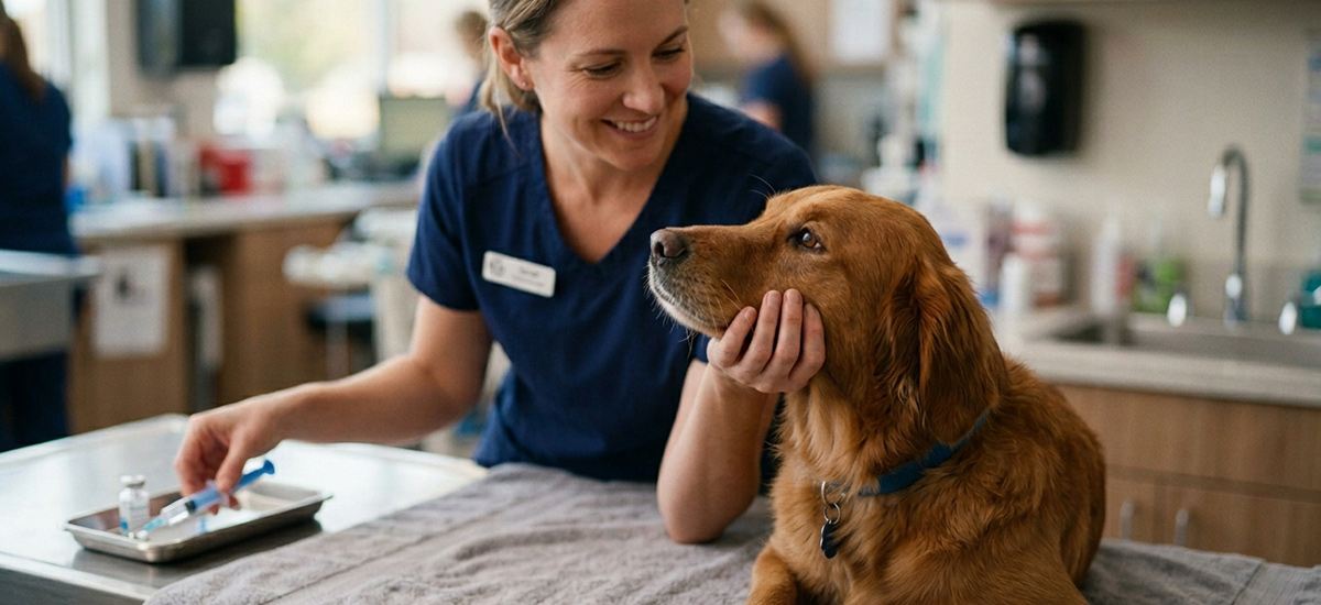 Veterinário preparando sedação para radiografia em cão durante atendimento clínico seguro