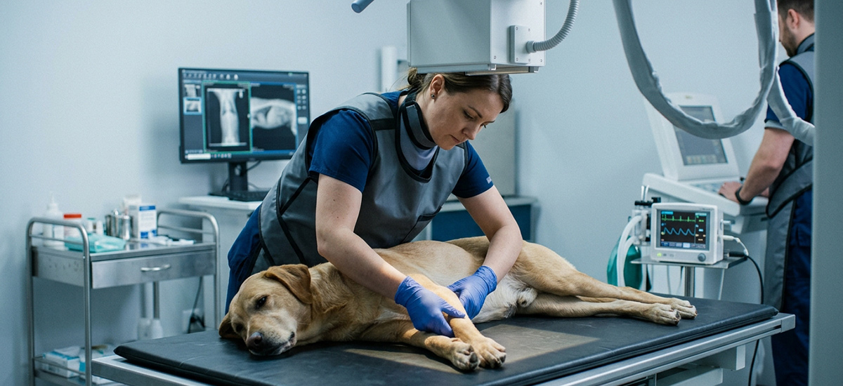 Sedação para radiografia em cães sendo realizada em clínica veterinária com monitoramento durante o exame