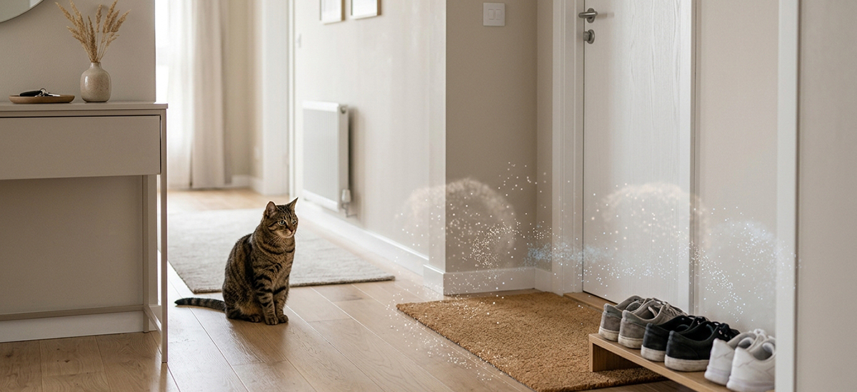 Gato dentro de casa observando sapatos na entrada com partículas simbólicas representando risco de transmissão da panleucopenia felina