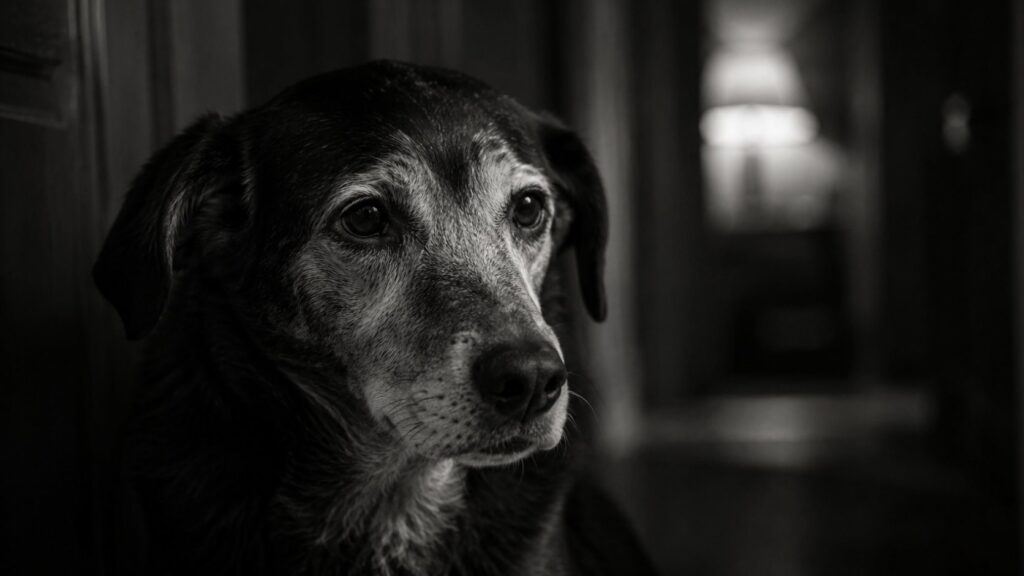 Alzheimer em Pets: Sintomas, Tratamento e Prevenção 1 Alzheimer em Pets - Imagem em preto e branco de Um cão com olhar triste em um corredor de uma casa