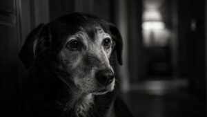 Equipe Oasis Pet 1 Alzheimer em Pets - Imagem em preto e branco de Um cão com olhar triste em um corredor de uma casa