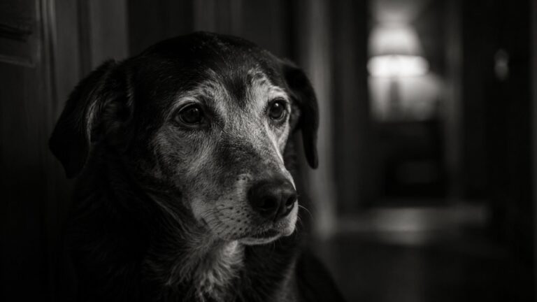 Alzheimer em Pets - Imagem em preto e branco de Um cão com olhar triste em um corredor de uma casa
