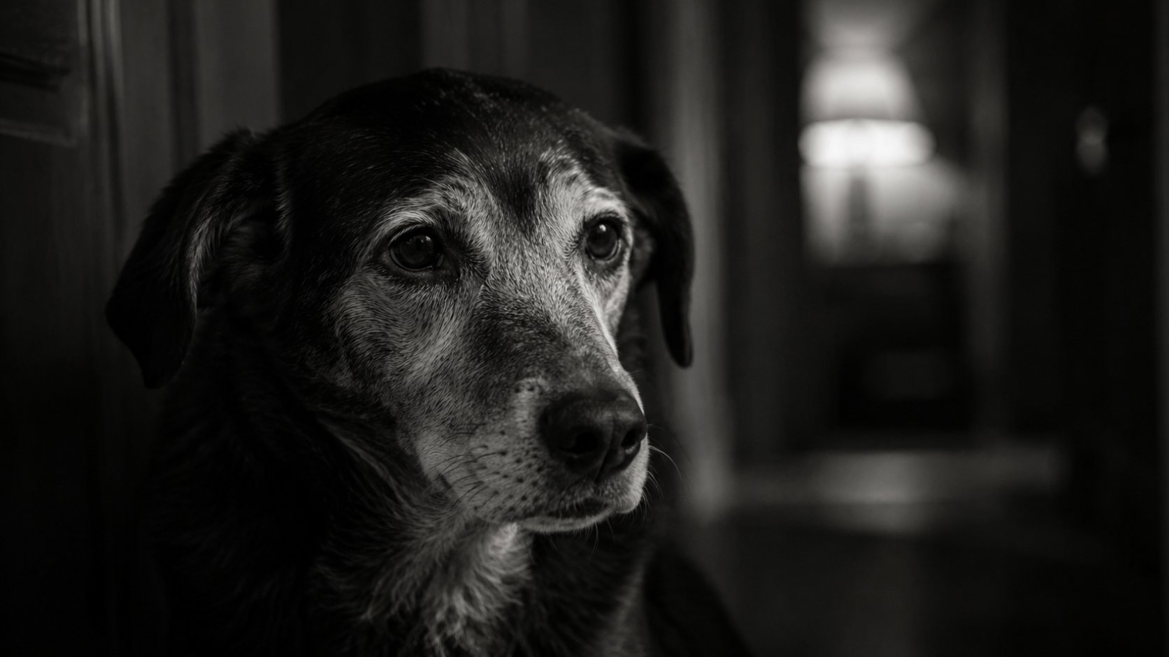Alzheimer em Pets - Imagem em preto e branco de Um cão com olhar triste em um corredor de uma casa