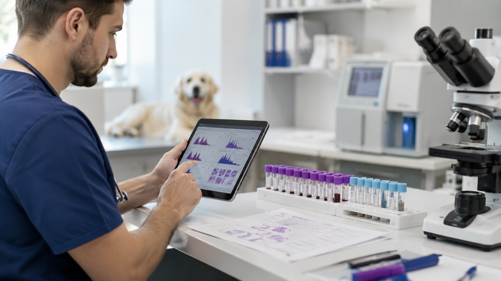 Consulta de Hematologia Veterinária: Diagnóstico Preciso para Pets 2 Hematologia Veterinária - Imagem de um veterinário exminando exames de sangue em uma clínica veterinária