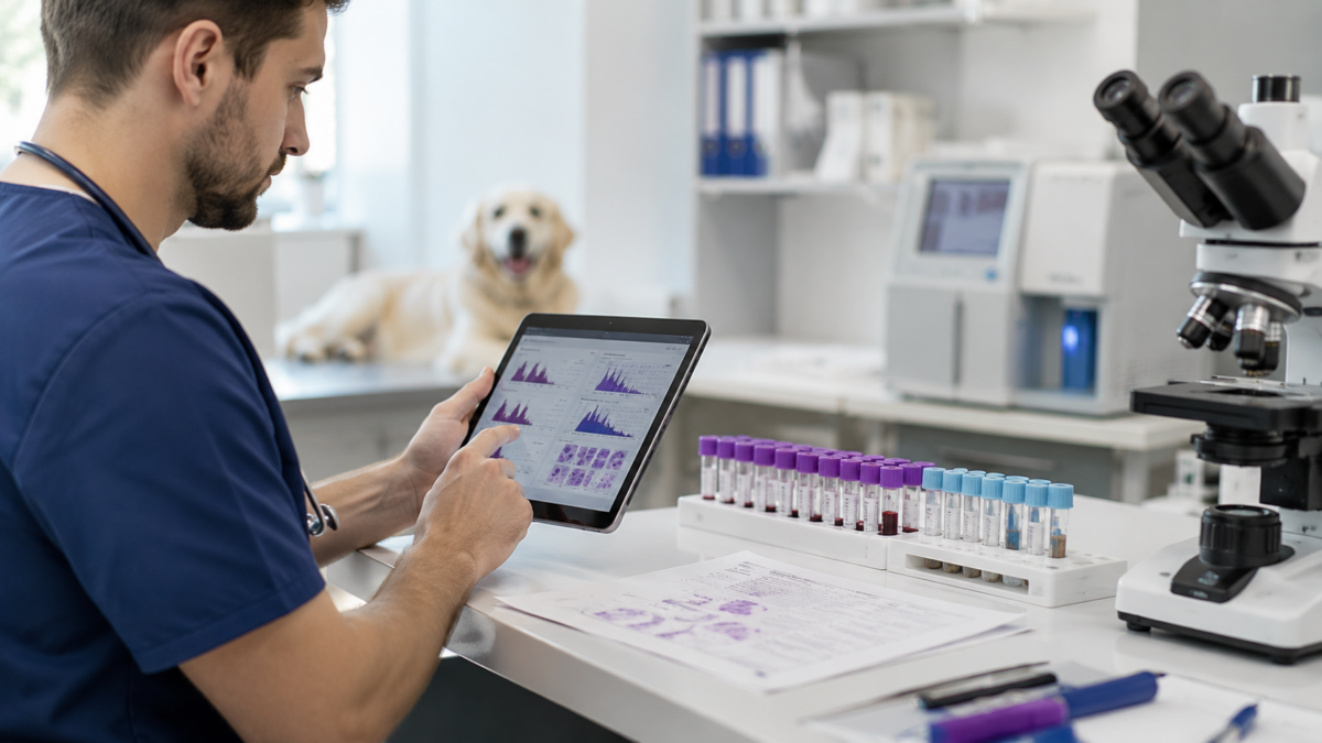 Hematologia Veterinária - Imagem de um veterinário exminando exames de sangue em uma clínica veterinária