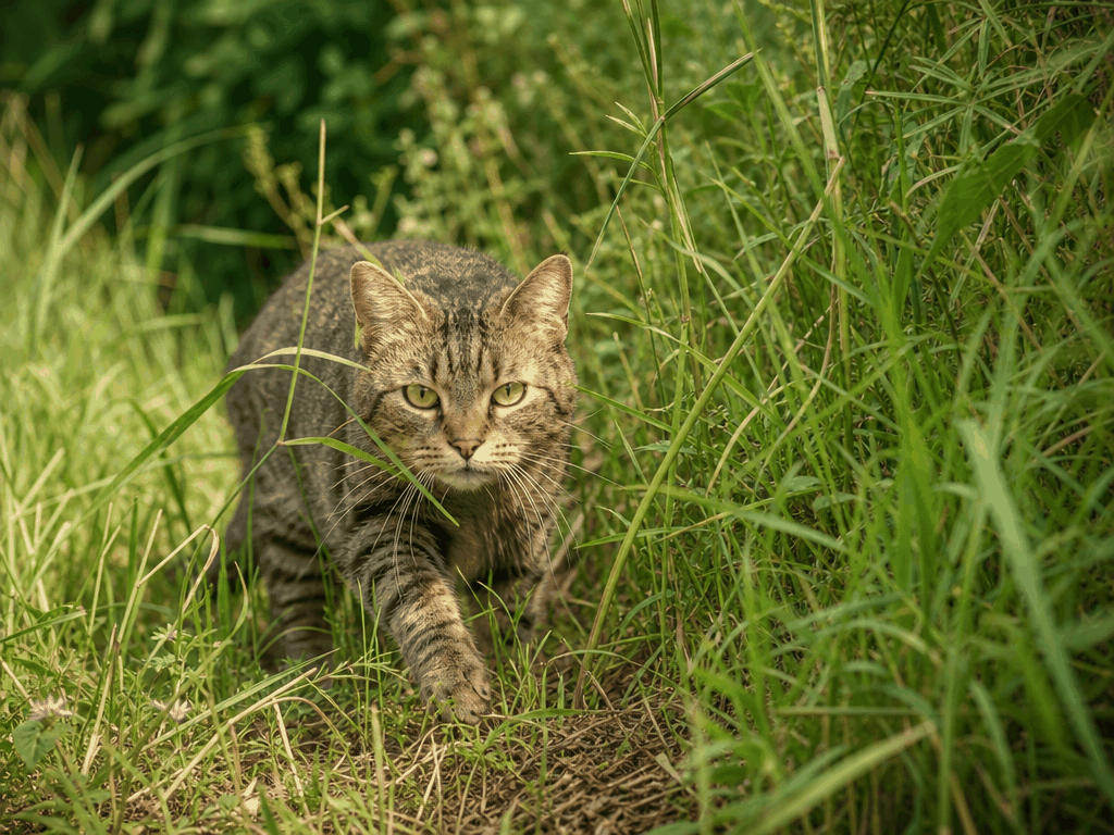 Carrapatos em Gatos: Como Eliminar e Prevenir com Segurança 1 Gato em área externa com grama alta - causas da infestação por carrapatos em gatos