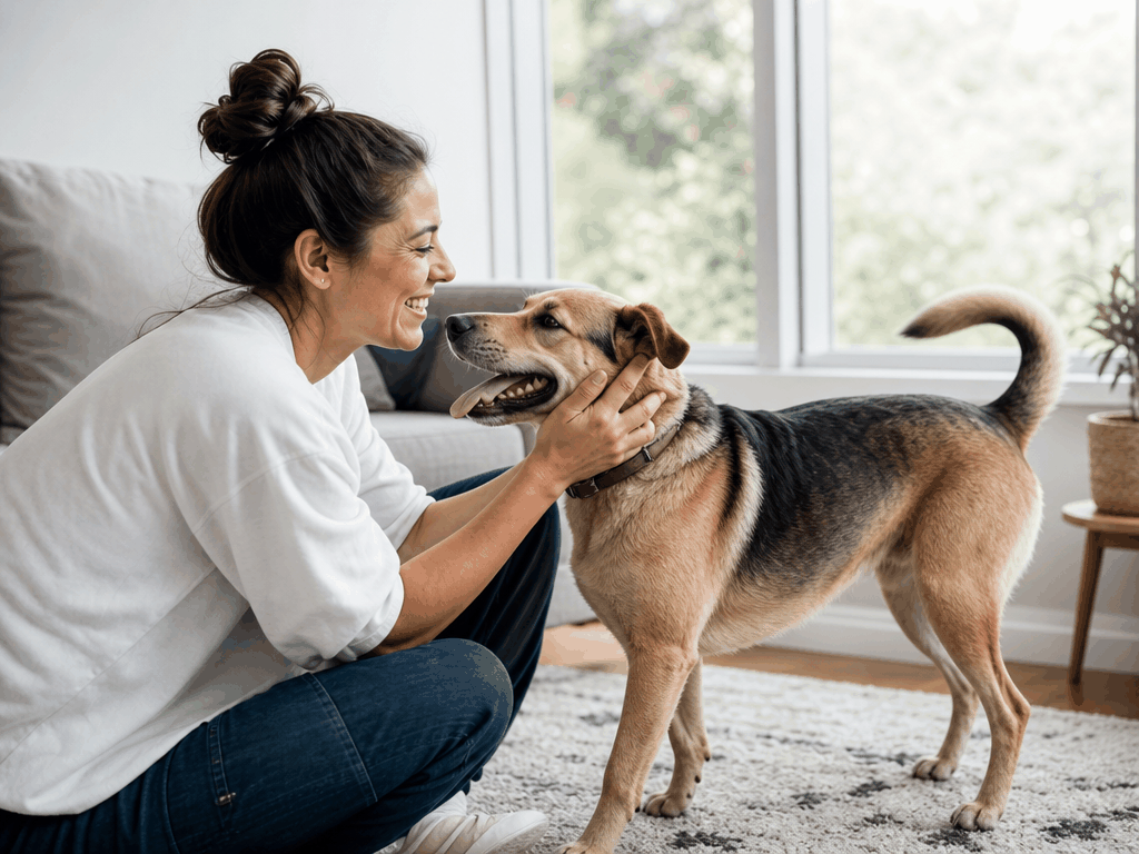 Remoção de Verrugas em Pets: Quando a Cirurgia é Necessária? 2 Cachorro recuperado e feliz com o tutor após cirurgia de remoção de verrugas